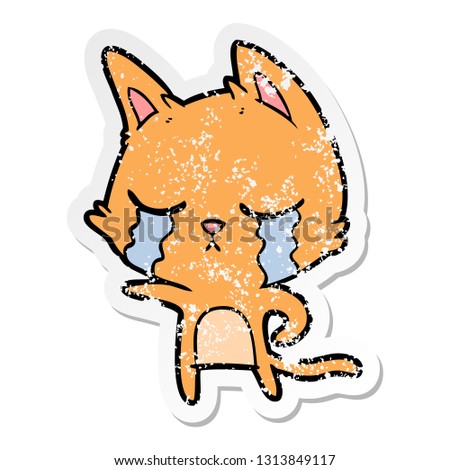 distressed sticker of a crying cartoon cat pointing
