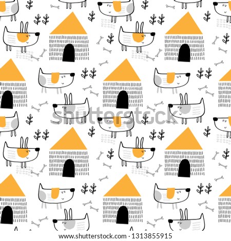 Seamless vector pattern with cute dogs for typography poster, card, label, brochure, flyer, page, banner design. Vector illustration background. Black, gray and yellow.