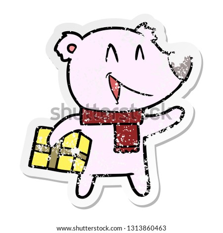 distressed sticker of a laughing christmas bear cartoon