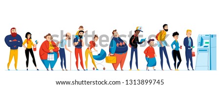 Queue people icon set with different people waiting in line to the ATM vector illustration Royalty-Free Stock Photo #1313899745