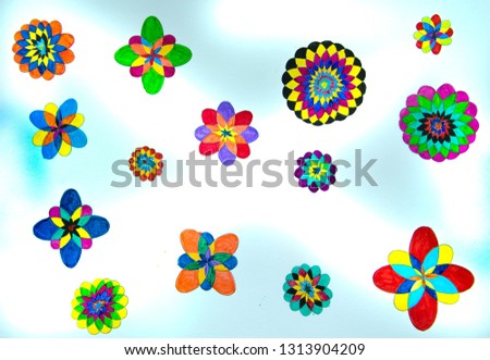 Hand painted floral pattern on bright white and blue background