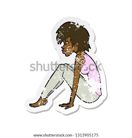retro distressed sticker of a cartoon woman sitting