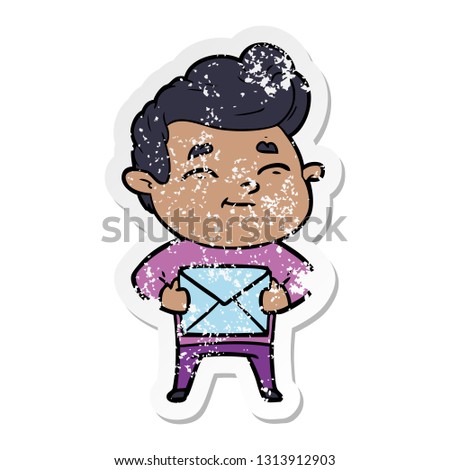 distressed sticker of a happy cartoon man with gift