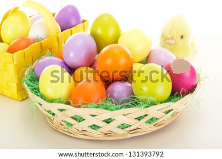 Easter eggs in baskets with chick