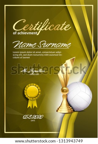 Volleyball Game Certificate Diploma With Golden Cup Vector. Sport Graduate Champion. Best Prize. Winner Trophy. A4 Vertical. Illustration