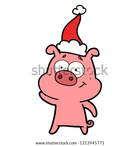 happy hand drawn line drawing of a pig wearing santa hat