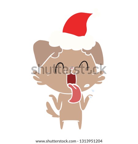 hand drawn flat color illustration of a panting dog shrugging shoulders wearing santa hat