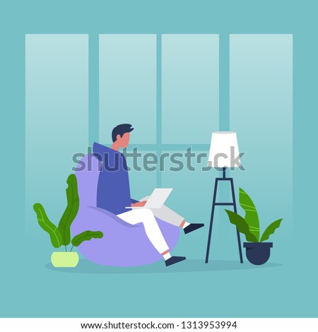 Office furniture. Young male manager sitting on the bean bag chair. Daily life. Flat editable vector illustration, clip art