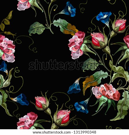 Embroidery datura flowers seamless pattern. Template for design of clothes, t-shirt design. Botanical spring art 