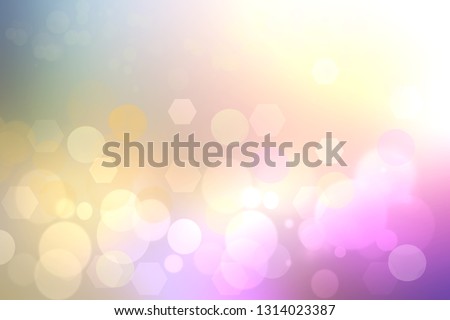 Abstract purple gradient yellow background texture with blurred bokeh circles, polygons and lights. Space for design.