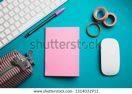 Pink pencil block washi tape white keyboard mouse blue background