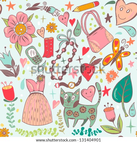 Vector seamless pattern "The Girlish dreams" with a flowers, hearts, sweet stuffs and a cat/gentle blue