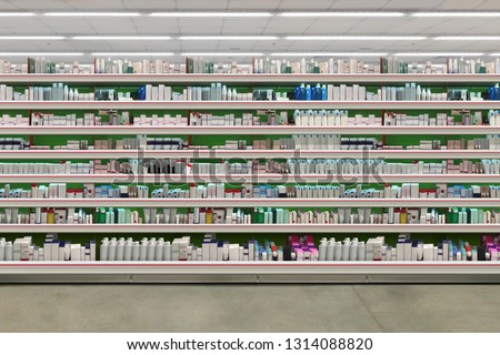 Cosmetic on shelf in supermarket. Suitable for presenting new Cosmetic and Skincare packaging products in between many others. Royalty-Free Stock Photo #1314088820