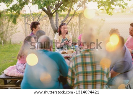 Picture of big happy family having lunch in their backyard. Spending time together on sunny summer day and having fun.Talking and laughing.