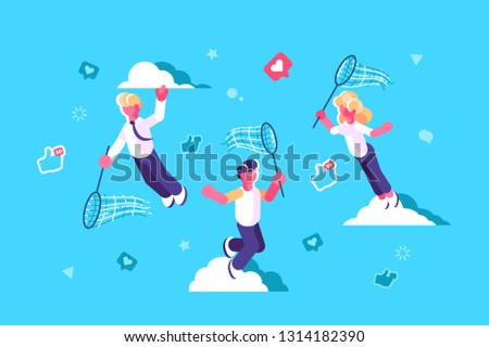 Global social media network design vector illustration. People with butterfly net chasing flying away likes and thumb up icons flat concept. Blue sky and white clouds on background