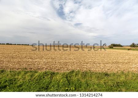 Plowed corn fields in rural Iowa at the end of the fall corn harvest. 