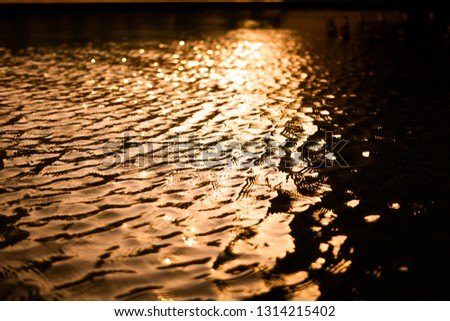 Close up of water ripple surface in the pond during sunset with golden sunlight reflection