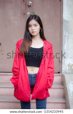 asia thai teen red coat on street fashion