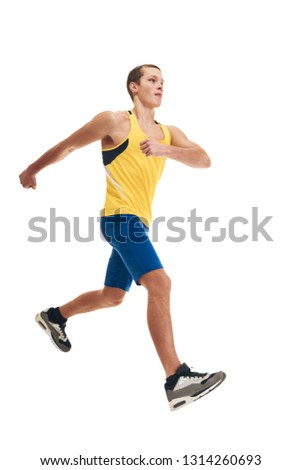 Full photo of healthy sporty man running on white background