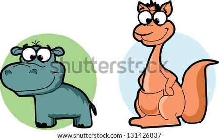Cartoon animals - hippo and kangaroo, vector