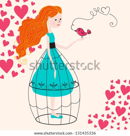 Romantic illustration of cute hand drawn style girl with bird