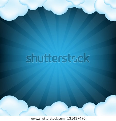 Blue Clouds And Sunburst With Gradient Mesh, Isolated On Blue Retro Background, Vector Illustration