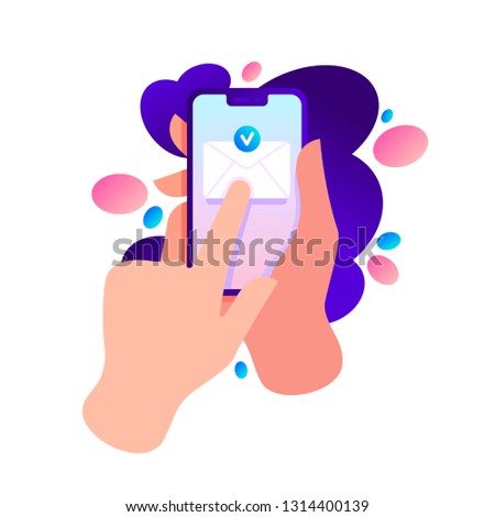 Hand holding phone with message envelope. Finger touch screen. Sending message concept. Vector flat cartoon illustration for web sites and banners design.