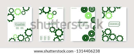 Industrial engineering background. Wheels and cogs colorful gear magazine. Green cogs on white background. Vector minimal flat set. Graphic template. Industrial engineering background design.