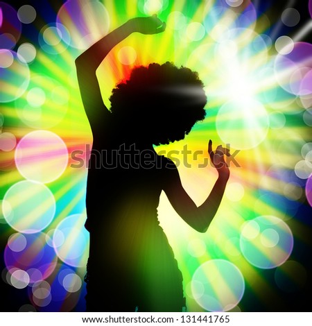 Silhouette of dancing girl against disco lights Royalty-Free Stock Photo #131441765