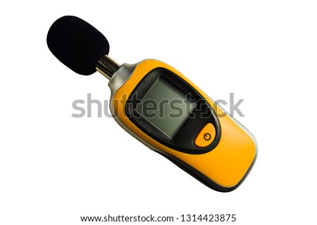 Isolated yellow sound meter on white background. Commonly used in noise pollution studies, used for acoustic (sound that travels through air) measurements. Royalty-Free Stock Photo #1314423875