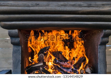 fireplace with burning firewood indoor closeup