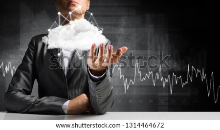Businessman in suit keeping cloud with network connections in hands with business sketches on background. 3D rendering.