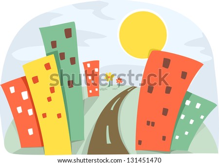 Illustration of an Urban Scene with colorful and Tall Buildings under the Sun