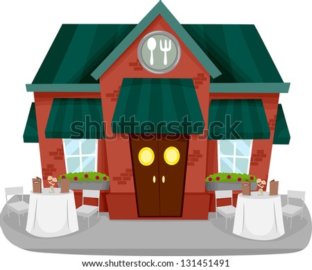 Illustration of a Restaurant Facade with Tables and Chairs