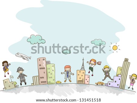 Illustration of Stickman Kids dressed as Adults with different professions