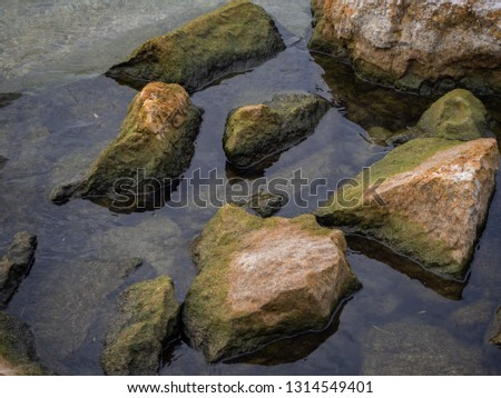 Pink rocks covered by moss among the clear water of the river