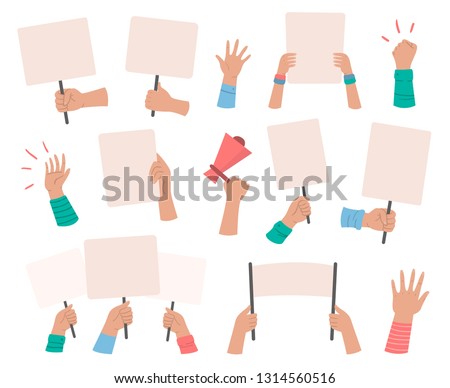 Protesters banners. Manifestation sign placard hold in hand, peace protest poster and blank vote placards. Demonstration activist speech or activist rally isolated vector icons set Royalty-Free Stock Photo #1314560516