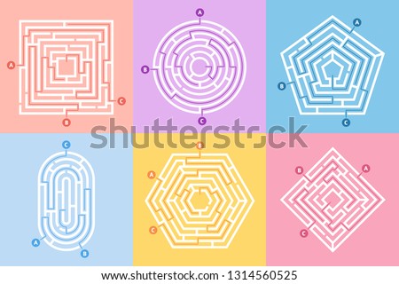 Labyrinth game. Maze conundrum, labyrinth way rebus and many entrance riddle. Arcade labyrinths games, right or wrong paths and doors entrance leisure challenge. Vector concept illustration set Royalty-Free Stock Photo #1314560525