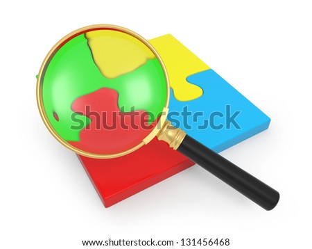3d,puzzle,magnifying glass, red, blue, green, yellow