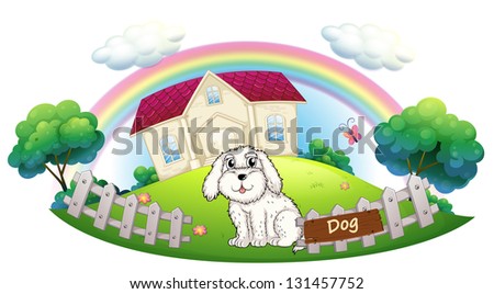 Illustration of a white dog sitting inside the fence on a white background