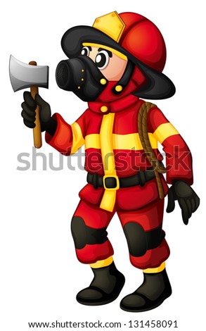 Illustration of a fireman holding an axe on a white background