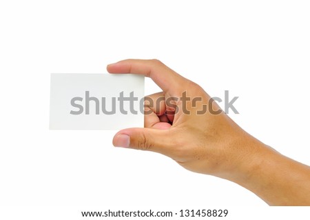 Close-up of an empty business card in a man hand isolated on white