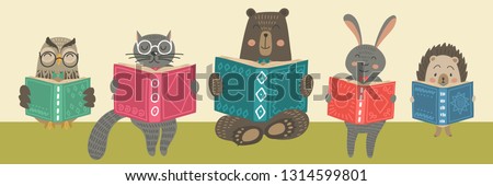 Cute animals reading books. Children's education illustration.