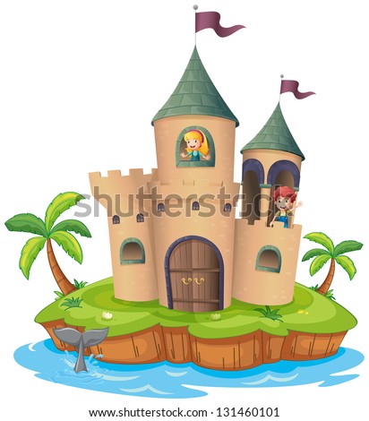 Illustration of a castle in an island on a white background