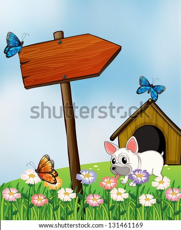 Illustration of a bulldog with a wooden arrow signboard