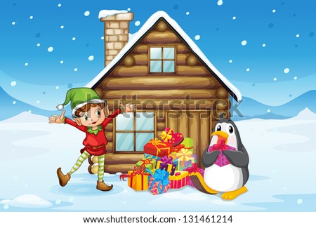 Illustration of a wooden house with an elf and a penguin