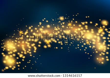 Christmas abstract pattern. Shiny stars on blue background. Sparkling magic dust particles. White sparks and golden stars shine with special light. Vector astronomy illustration