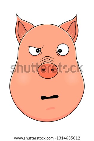 Head of pig in cartoon style. Vector illustration. Woodland animal head icon. Confused pig. Pig emotional head.