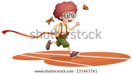Illustration of a boy running with two butterflies on a white background