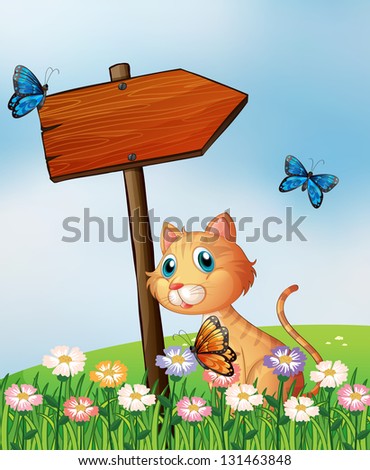 Illustration of an orange cat with a wooden arrow board